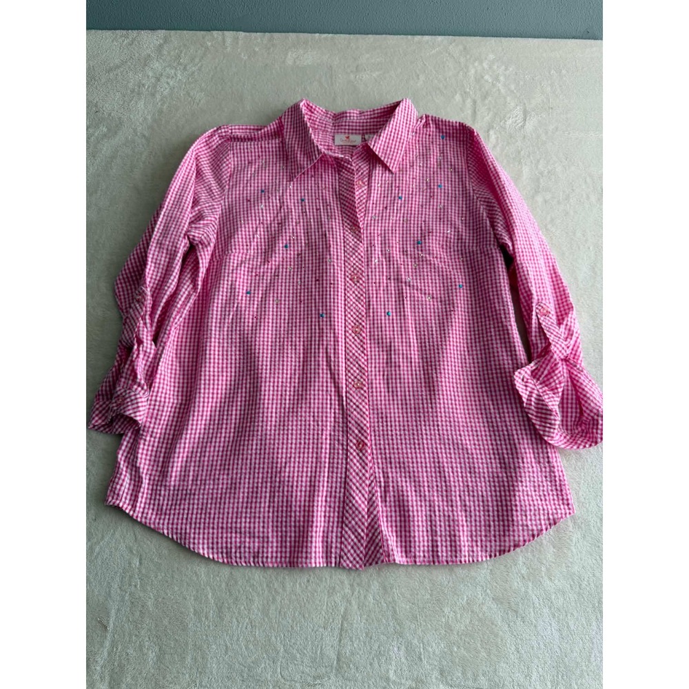 Quackerâ Factory XL Pink Gingham Rhinestone Button Down Shirt Roll Tab Sleeve